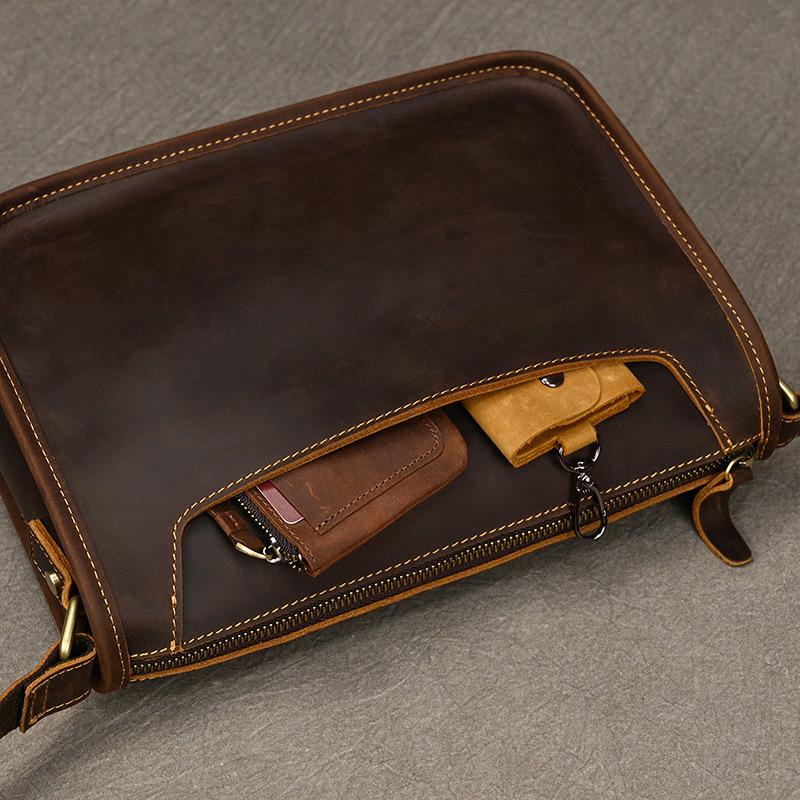 Men's Retro Leather Shoulder Bag, Crazy Horse Leather Crossbody Bag, Cowhide Men's Bag