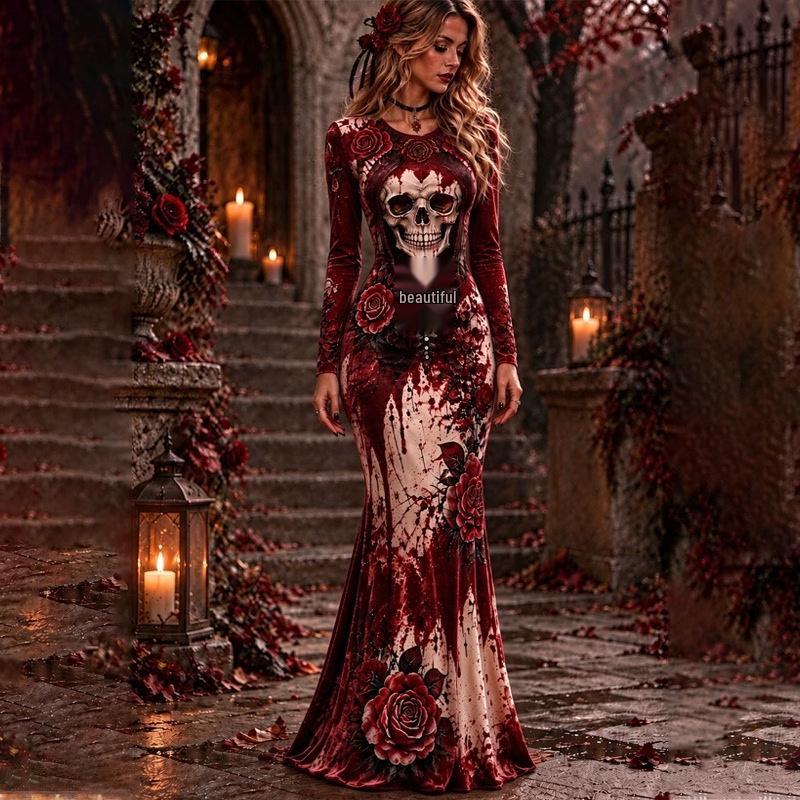 2025 Halloween European & American Skull Skeleton 3D Print Bodycon Skirt