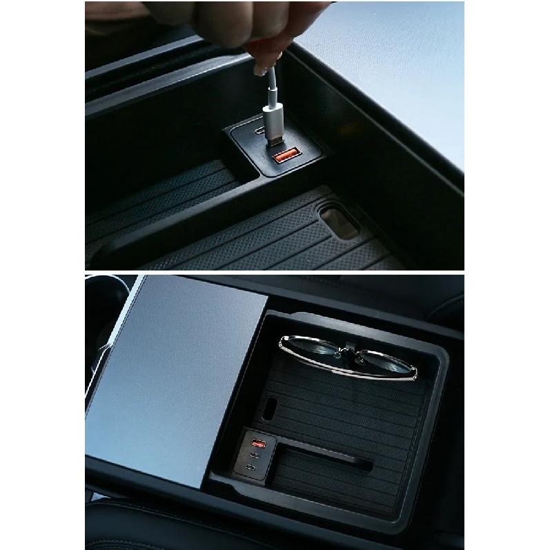 For Tesla Model 3 Y Juniper Highland Launch 2025 2026 Center Console Armrest Storage Organizer USB Type-C Charger Expansion Dock