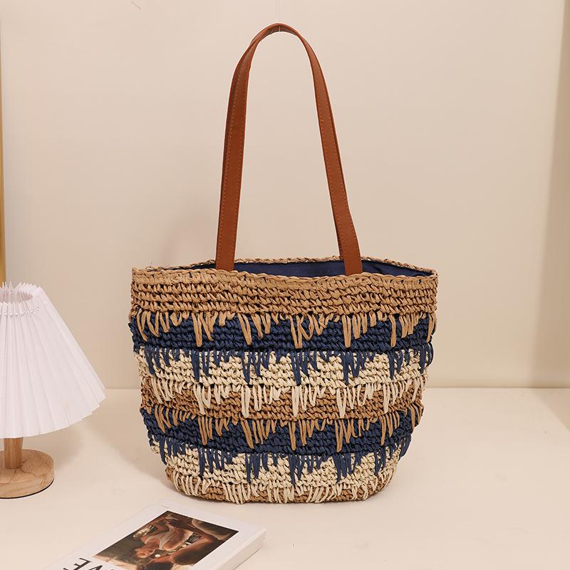 

2023 Single Shoulder Handmade Straw Beach Bag - Color Block, Large Capacity, Casual Summer Tote for Women