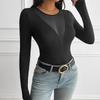 Damen Sommer Langarm Reine Farbe Skinny Tops Mesh Patchwork Durchsichtig Damenmode Sexy T-Shirt