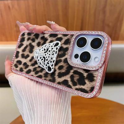 Luxury 3D Leopard Head Electroplated Diamond Leopard Pattern Phone Case For iPhone 16 15 14 13 12 11 Pro Max Shockproof Cover