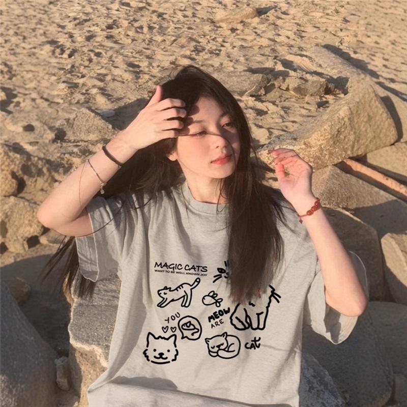 Damski Casualowy T-shirt z Krótkim Rękawem i Nadrukiem Magicznych Kotów Luźny Bawełniany T-shirt Letni Top