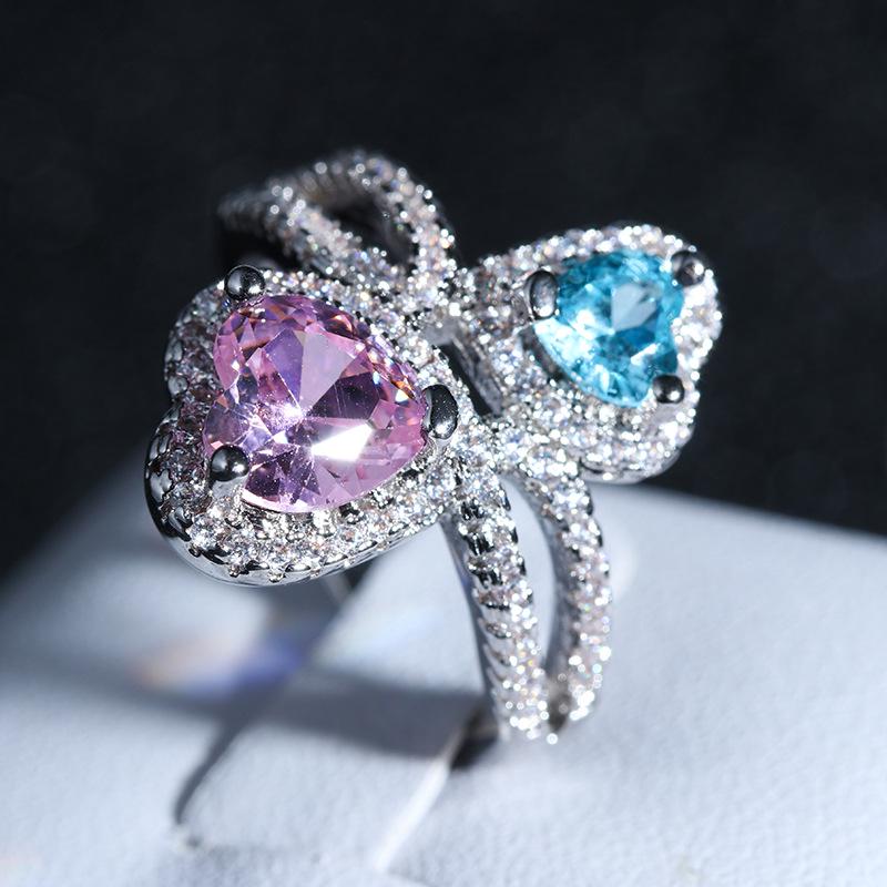 European & American Fashion Rhinestone Crystal Double Heart Ring