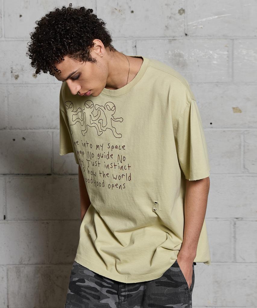 HOODHOOD Three Alien Damaged Short Sleeve T-Shirt Sage Green