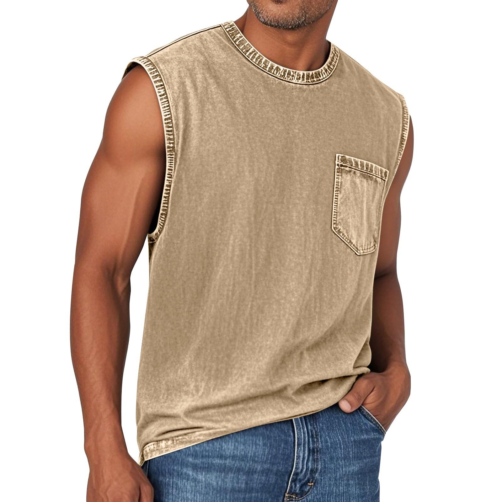 

Мужской летний однотонный жилет с карманом, спортивный, с круглым вырезом, мужской спортивный повседневный жилет L хаки