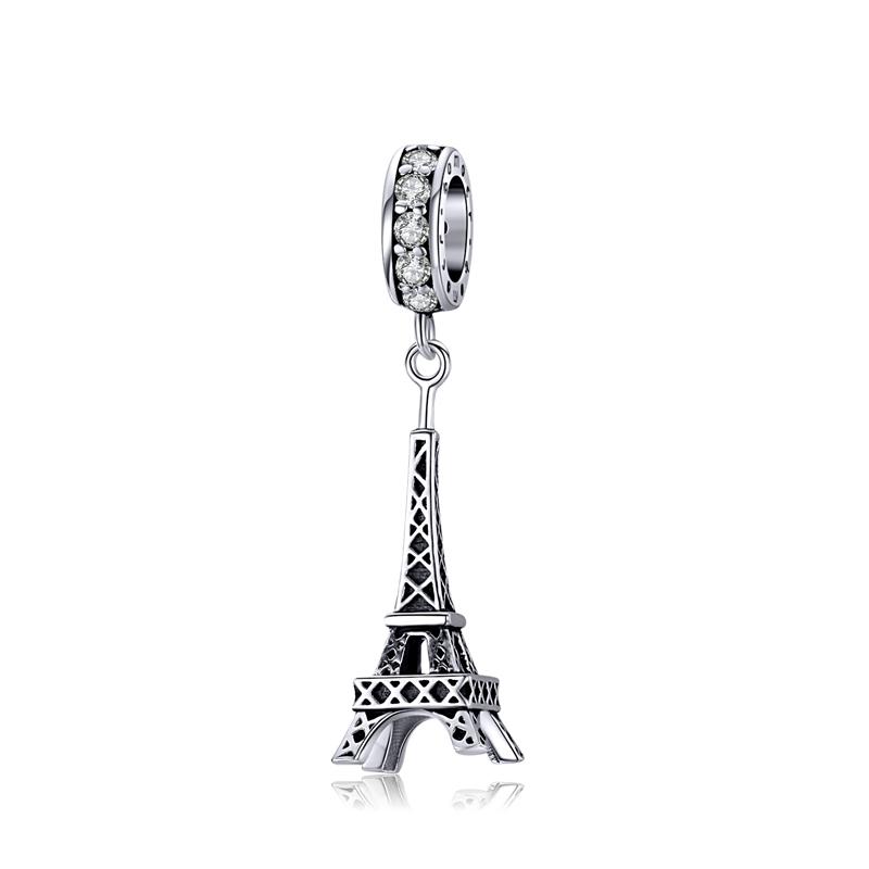 WOSTU Authentic 925 Sterling Silver Eiffel Tower Charms Zircon Openwork Beads Fit Original Bracelet Pendant Jewelry CTC154