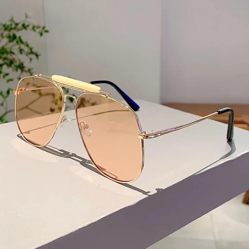 Metal Square Sunglasses Women's Fashion Retro Double Beam Pilot Glasses Men's Large Frame Summer Shades Eyewear Black Brown