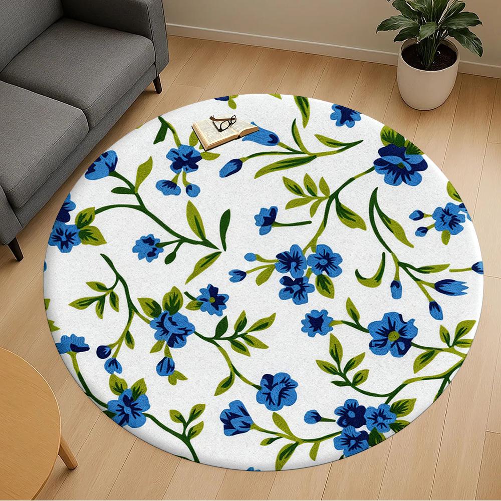 1pc Floral Pattern Blue Flowers Round Chair mat office Area Rug - Non-Slip, Floor Mat for Office, Bedroom, Ideal home decor gift p0105081