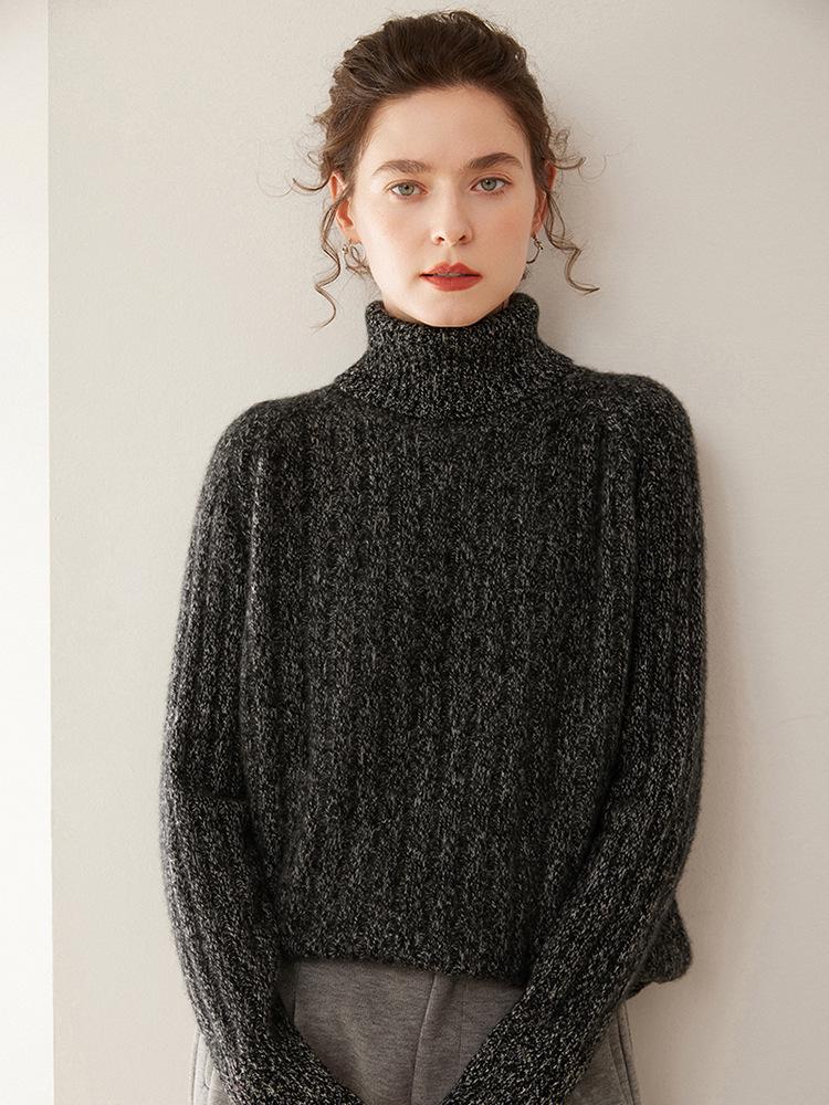 Women's Cashmere Knit Base Layer Top: Three-Strand, Long Sleeve, Loose Fit, Warm, High Neck, Soft, Versatile, Skin-Friendly Sweater