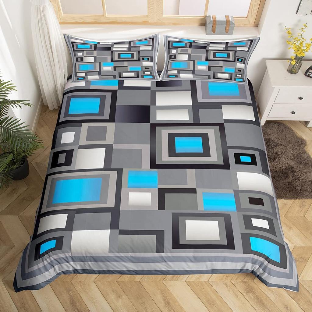 Grid Square Three-Piece Quilt Cover 3D Digital Printing Bedding Set Bed Cover