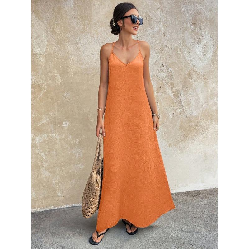 Damen Mode Lässig Einfarbige V-Ausschnitt Rückenfrei Ärmelloses Cami Langes Kleid