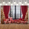 Christmas Photography Backdrop Santa Claus Window Snow Forest Xmas Tree Red Curtain Girl Portrait Photoshoot Backdrops Props6