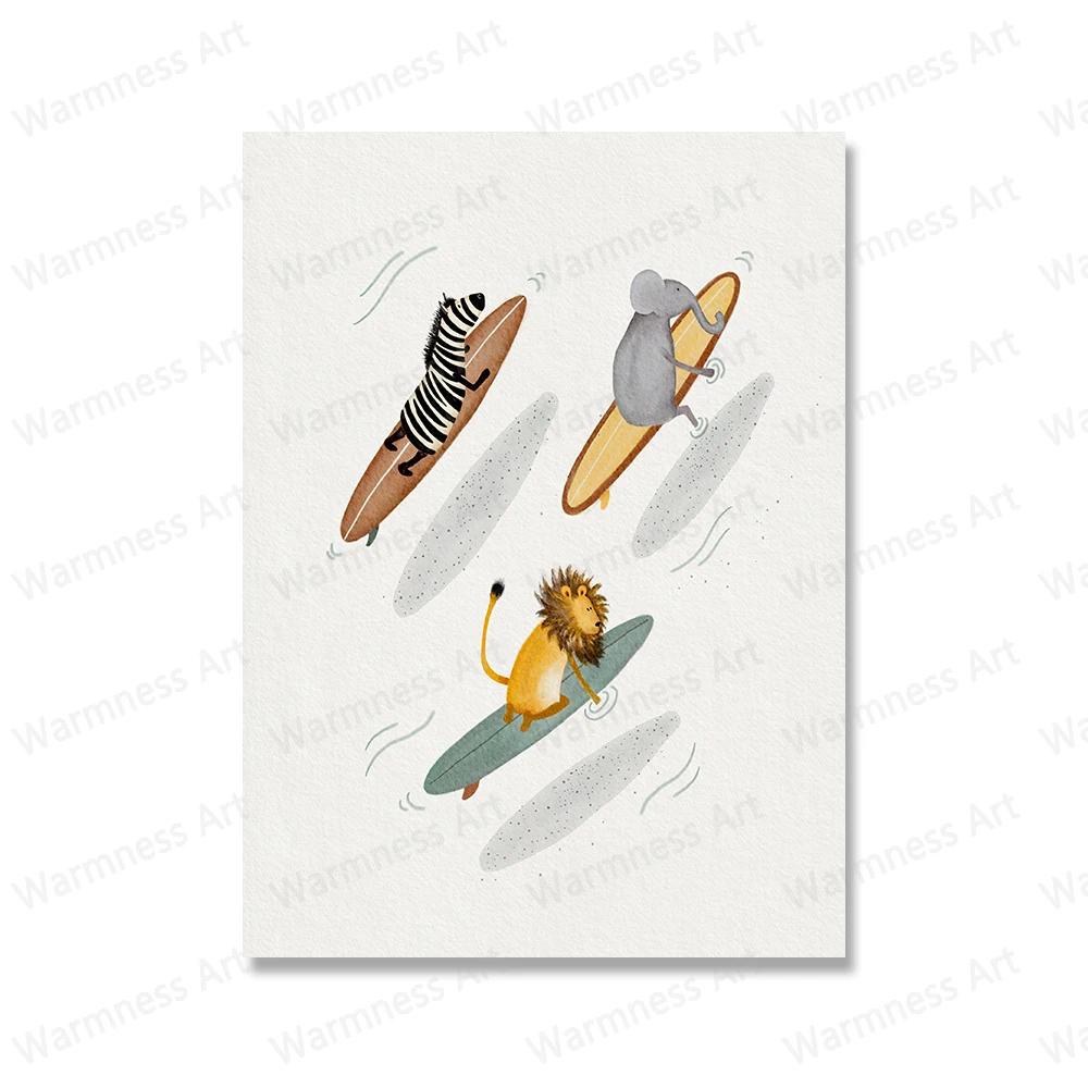 Girls Nursery Gallery Painting Whale Beach Surf Canvas Print Surfing Animals Tiger Elephant Zebra Wall Art Poster Pictures Decor