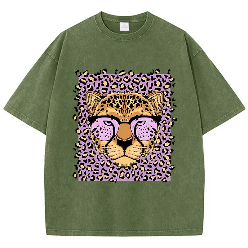 Vintage Womens Acid Wash T-Shirts Leopard Cartoons Printing