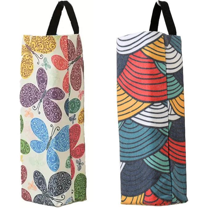 2-Pack Plastic Bag Holder, Wall Mounted Grocery Bag holder with Multicolor Flower Canvas, Reble Garbage Dispenser for Kitchen,Storage