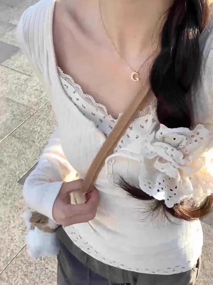 

Маленький цветочный двухпредметный образ Приталенная футболка с длинным рукавом Женский шикарный топ на весну-осень Large абрикосовый