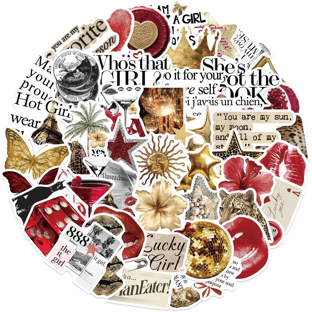 50 Gold & Rote Ästhetische Sticker: Englische Graffiti, Handyhülle, Scrapbook-Dekoration, Selbstklebend, Wasserdicht