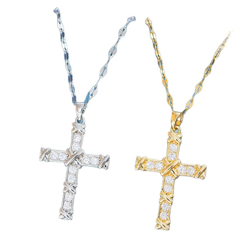 Gold Retro Zircon Cross Pendant Necklace - European & American Niche Design in Titanium Steel