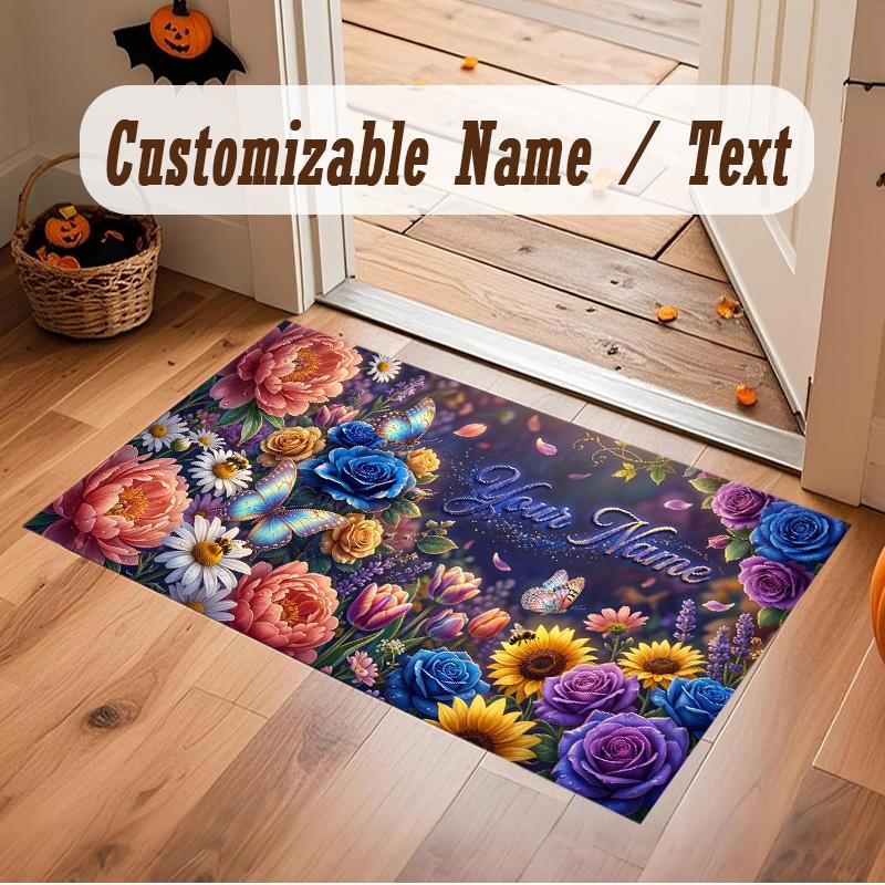 Floral Garden Theme Soft Crystal Velvet Rug Custom Name & Text Print Non Slip Floor Rug for Bedroom Living Room