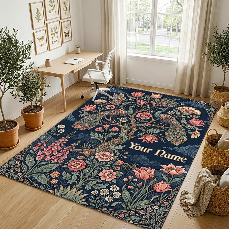Floral Fantasy Garden Theme Soft Crystal Velvet Rug Custom Name & Text Print Non Slip Floor Rug for Bedroom Living Room