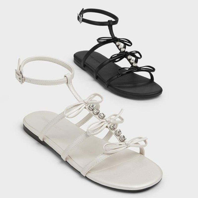 Fashion Flat Women's Shoes Summer New Round Toe Soft Leather Casual Outside Wear Bow Bright Diamond Open Toe Soft Sole Sandals