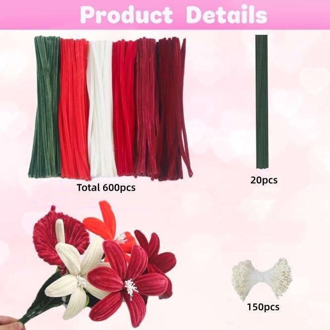 770Pcs Pipe Cleaners Craft Kit for Flower Bouquets, 6Colors Thick Chenille Stems with Floral Accessories, DIY Art