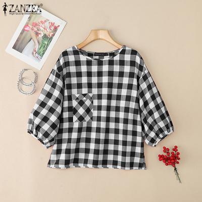 Women Loose Round Neck 3/4 Sleeve Casual Grid Print Blouse