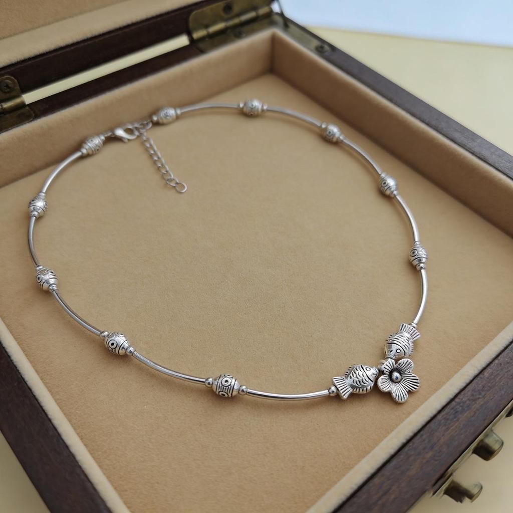 Vintage Sterling Silver Fish Beaded Clavicle Necklace - Elegant and Versatile Design