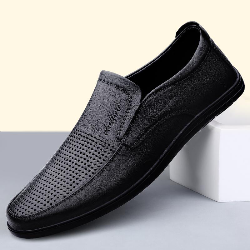 Men's Leather Casual Shoes Breathable Hollow Slip on Lazy Driving Shoes Office Fashion Shoes