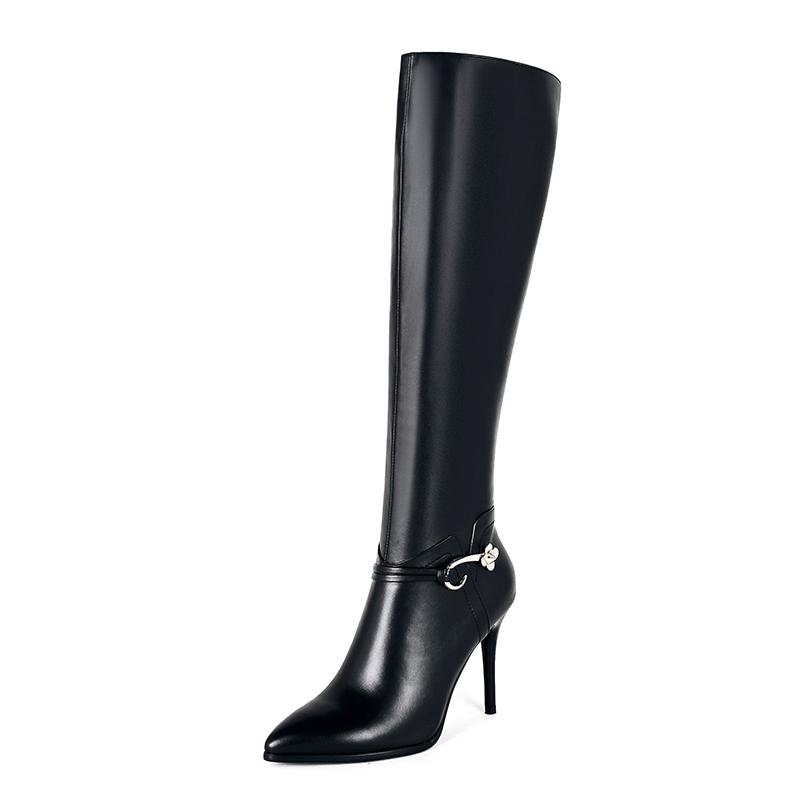 Fashion 2025 Large Size 33-43 Genuine Leather Pointed Toe Winter Shoes Woman Sexy Thin High Heels Party Boots Black uj90