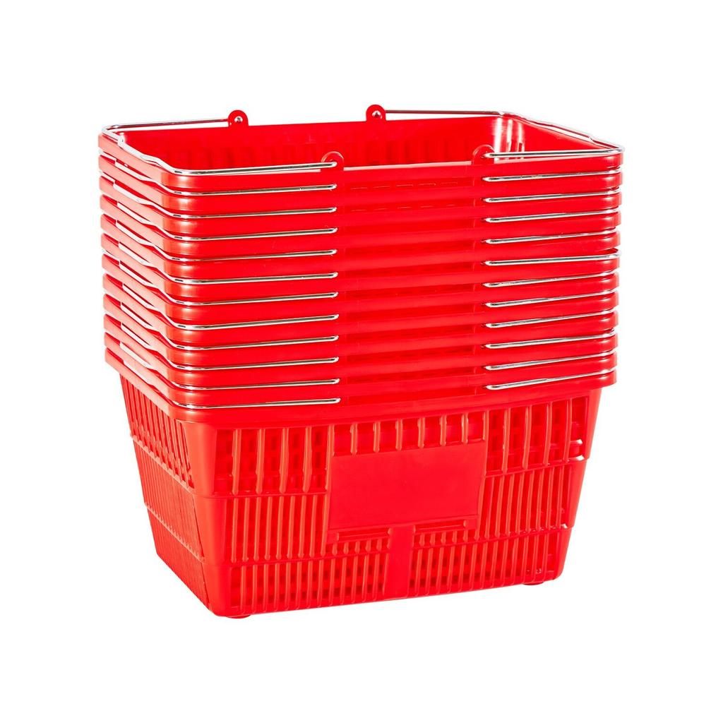 Shopping Baskets, 12 PCS, 21L Stackable PE Plastic Grocery Baskets with Metal Handles, Dense Mesh Structure, Holds up to 9.07kg, Portable for Grocery,
