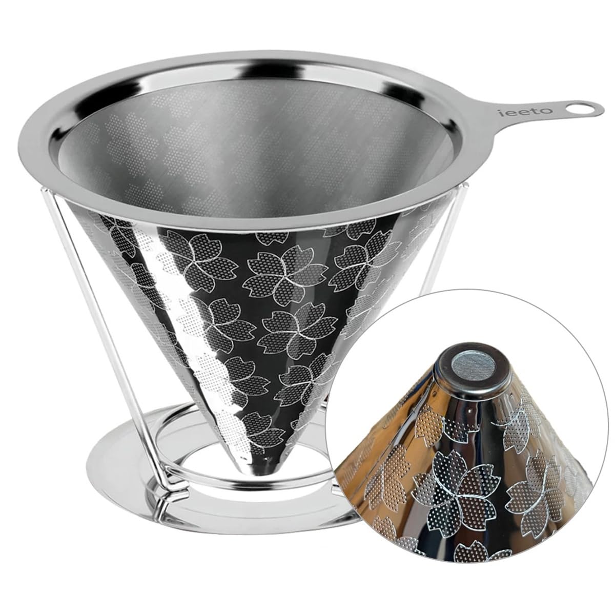 

ieeto Sakura Coffee Dripper - Coffee Filter with Clog-Resistant Double-Layer Structure, Paperless, Double Mesh, Conical Shape, No Paper Needed, Hook H