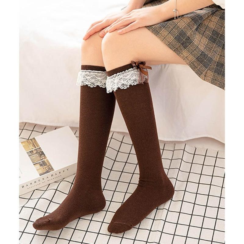 Women Japanese Style JK Ruffle Lace Trim Calf Long Socks Sweet Bowknot Princess Cotton Knee High Socks Stockings Hosiery