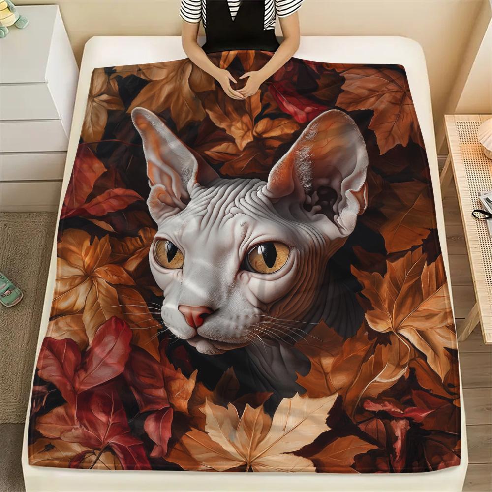 Maple Leaf Cat  Print Flannel Blanket, High quality Comfortable for All Seasons, Home Decor, Warmth and Comfort