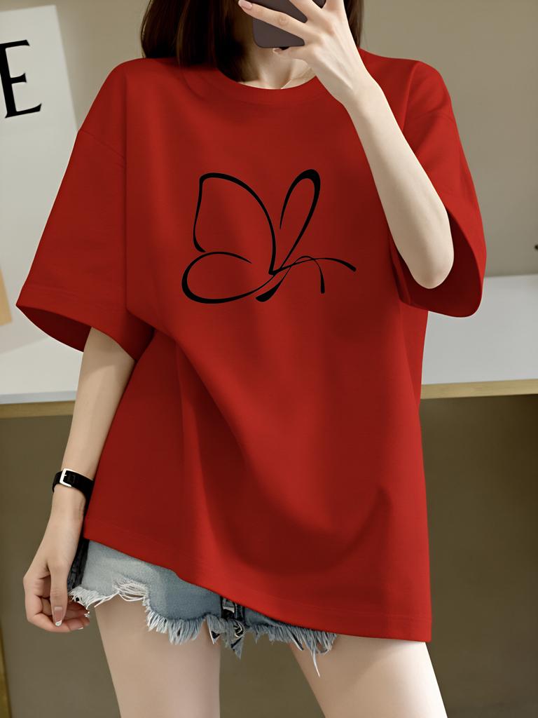 Butterfly Print Sleeve T-Shirt Black White Red Light Gray Dark Gray Casual and Classic Harajuku Sleeve Casual Aesthetic Clothes