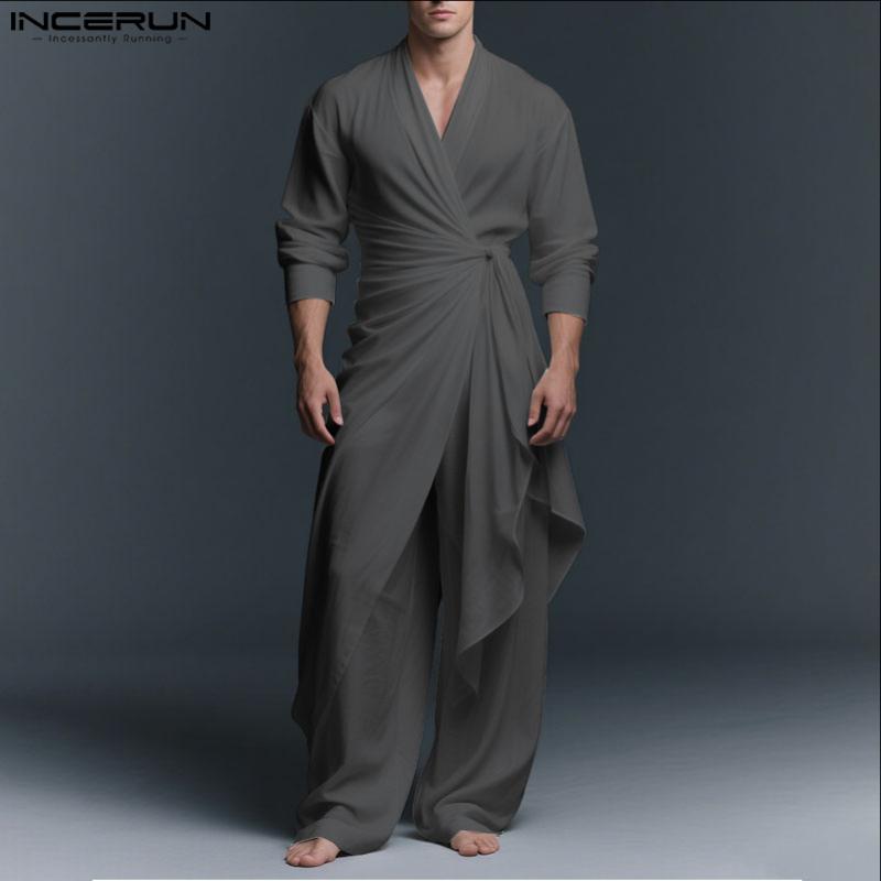 INCERUN 2PCS Men V Neck Long Sleeve Twisted Ruffled T-shirt Long Pants Sets Outfits