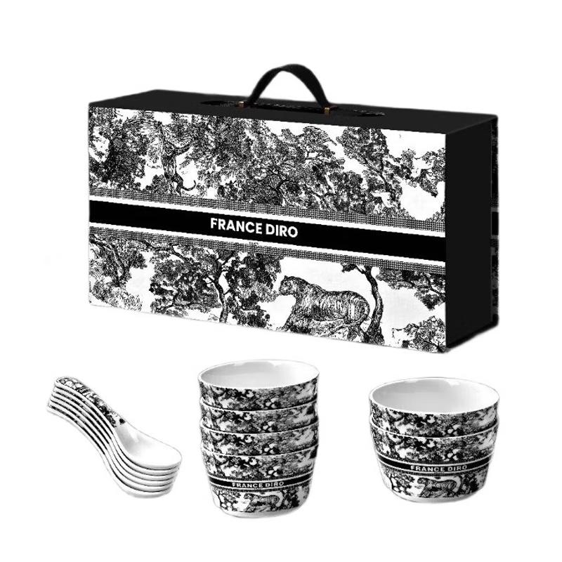 Elegant Chinese Ceramic Tableware Set - 6 Bowls & 6 Spoons