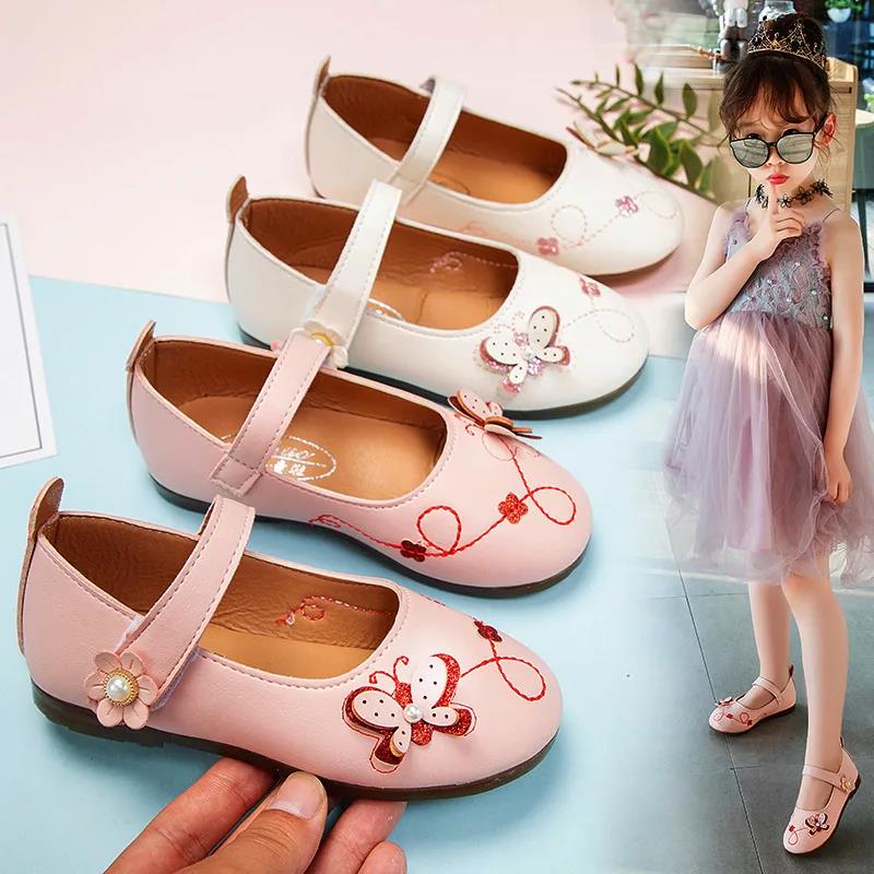 Mädchen Prinzessin Schuhe mit weicher Sohle und Perlen- und Schmetterlings-Dekoration, atmungsaktive Einzelschuhe, rutschfeste, einfarbige Mädchen Prinzessin Schuhe