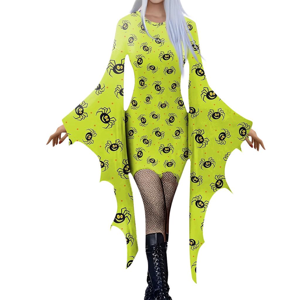 Women Fashion Gothic -Sleeve 3D Cute Halloween Print Irregular Party Dress