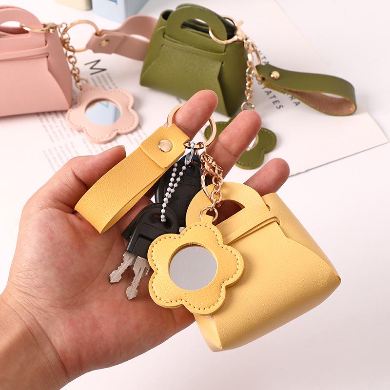 Korean Style Creative PU Leather Keychain: Mini Mirror, Storage Bag, Solid Color Wallet