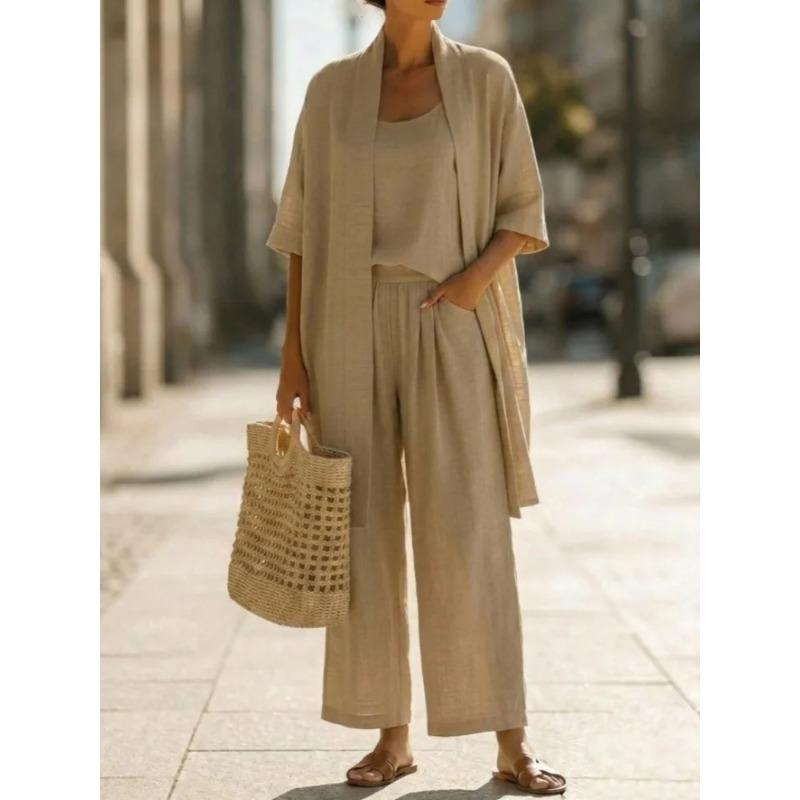 Casual Solid Linen Loose Vest Shirt Trouser Set Women Short Sleeve Cardigan Wide Leg Pants Suits Summer Lady Outfits
