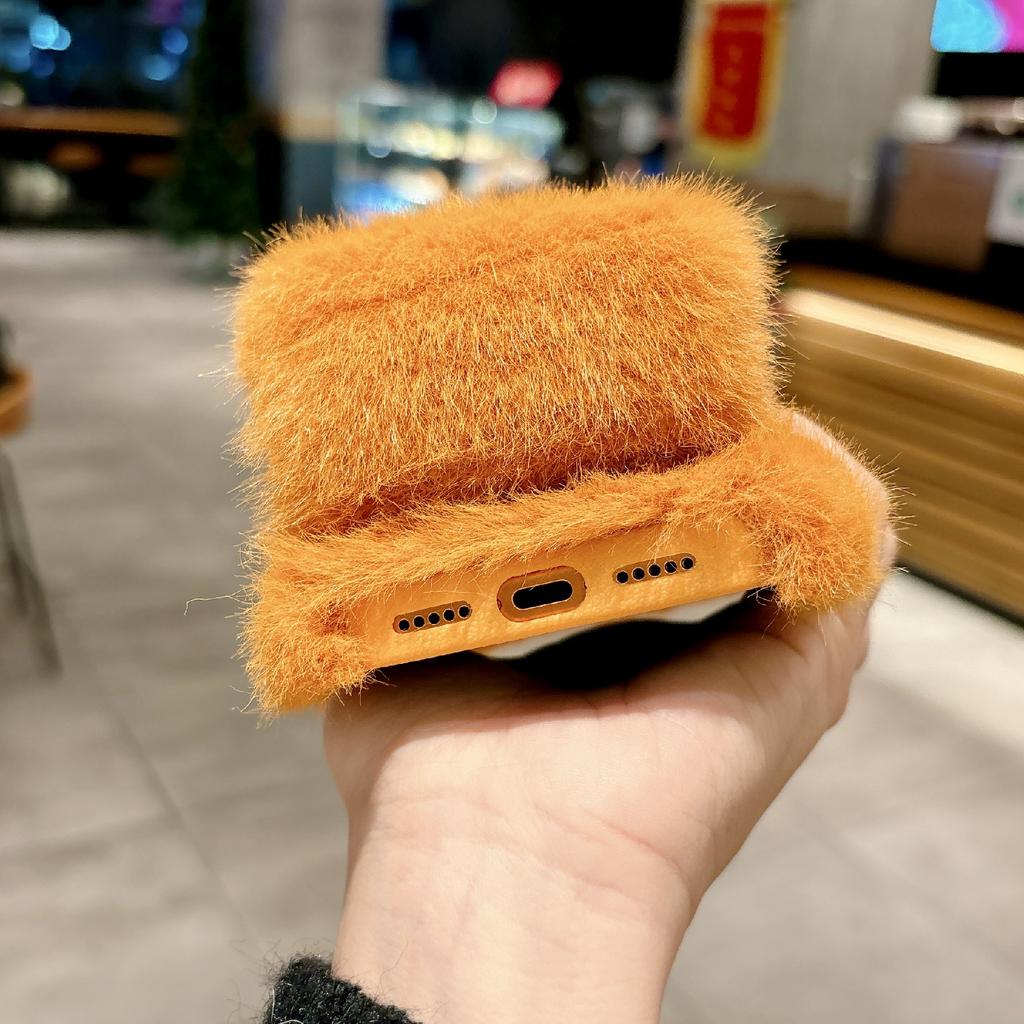 For iPhone 17 Pro Solid Color Fluffy Phone Case Winter Warm Hand Strap TPU Cover