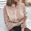 Women's Stand Collar Long Sleeve Hollow Lace Patch Blouse Elegant Pearl Button Solid Shirt