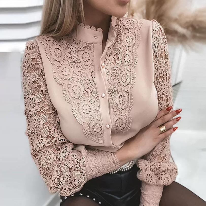 Women's Stand Collar Long Sleeve Hollow Lace Patch Blouse Elegant Pearl Button Solid Shirt