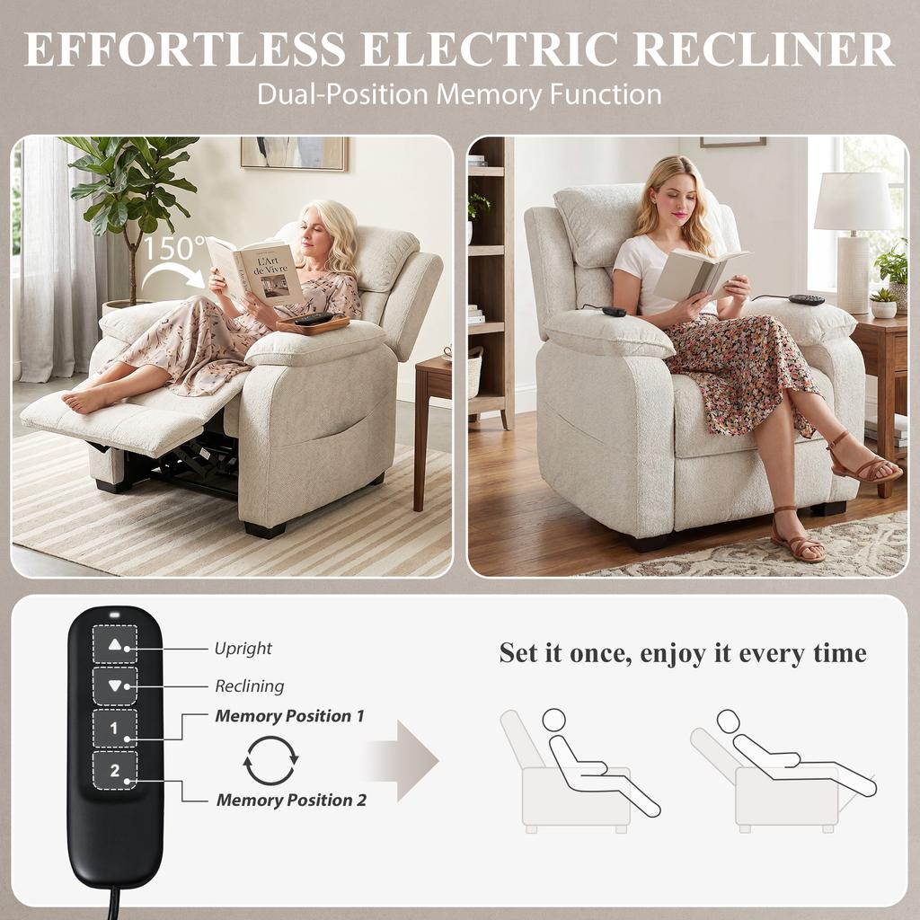 Power Recliner Armchair Massage Heat High Back Chair Cream White