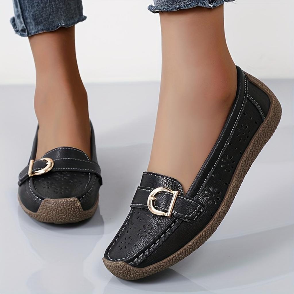 Ladies' Breathable White One Foot Loafers - Gold Buckle, Lightweight Casual Summer Shoes, Comfortable Daily Wear, Fashionable and Durable