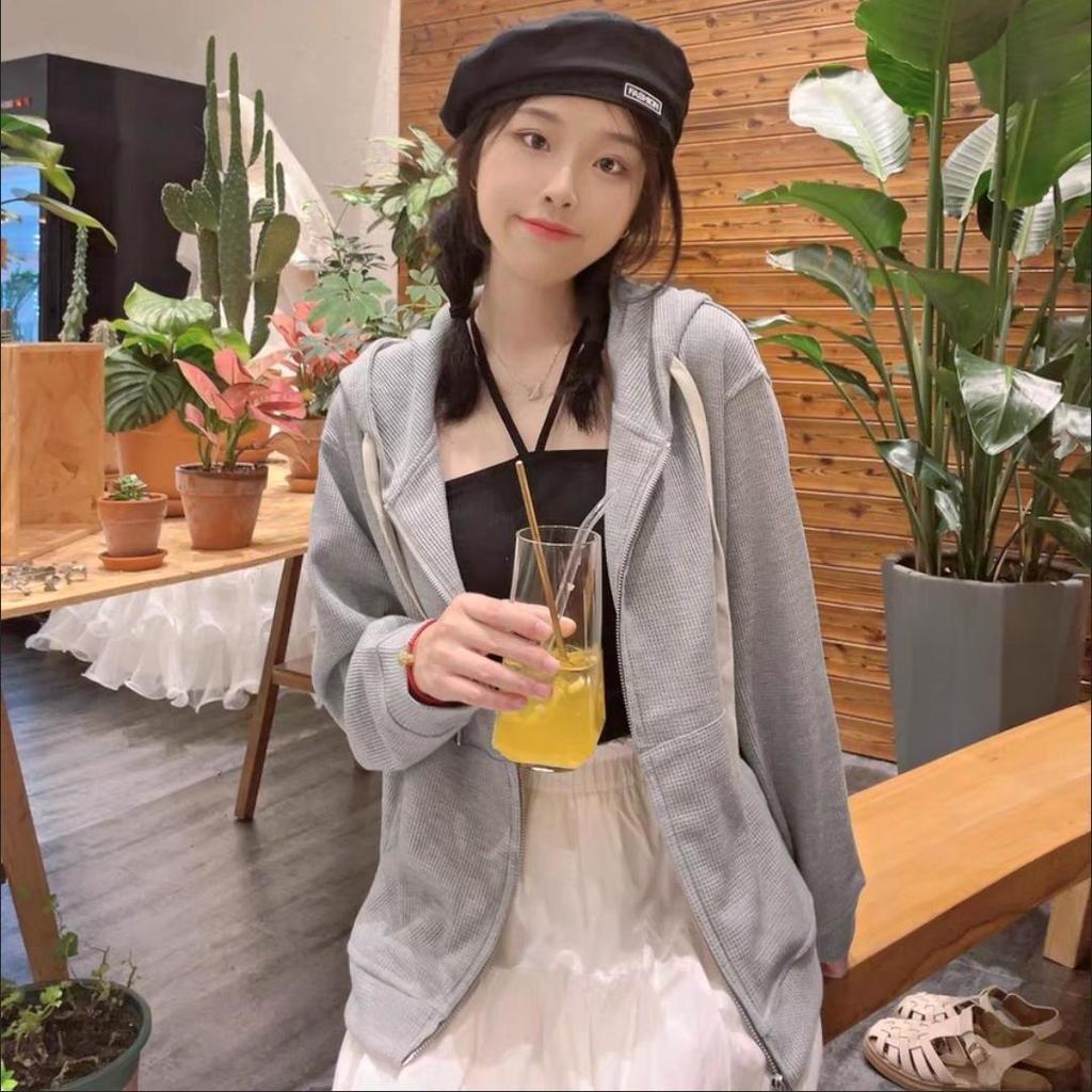 Women's Korean Style Waffle Knit Hooded Jacket (Spring/Autumn) - Slimming, Loose Fit, Plus Velvet, Zipper Cardigan Top