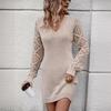 2025 Solid Color V-Neck Knit Dress with Hollow Design for Women - Long Sleeve, Fashionable Spring/Autumn Wear