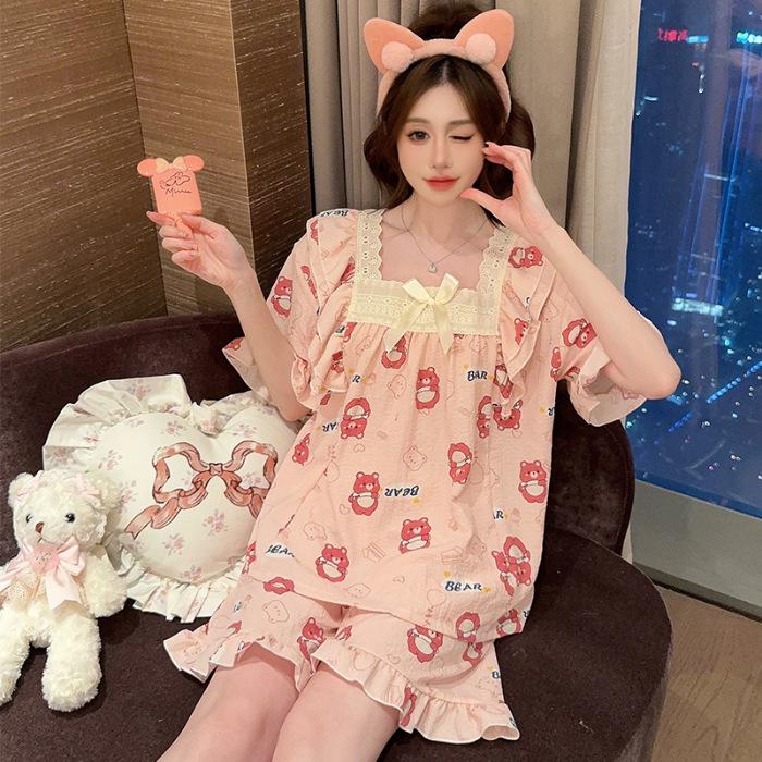 

Женская пижама большого размера с квадратным вырезом и короткими рукавами из хлопка-пузырька Medium